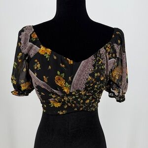 Peach Floral Black Sheer Crop Top with tie back size medium